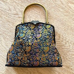 Vintage Sasha Tapestry Beaded Black Gold Handbag Crossbody Evening Purse